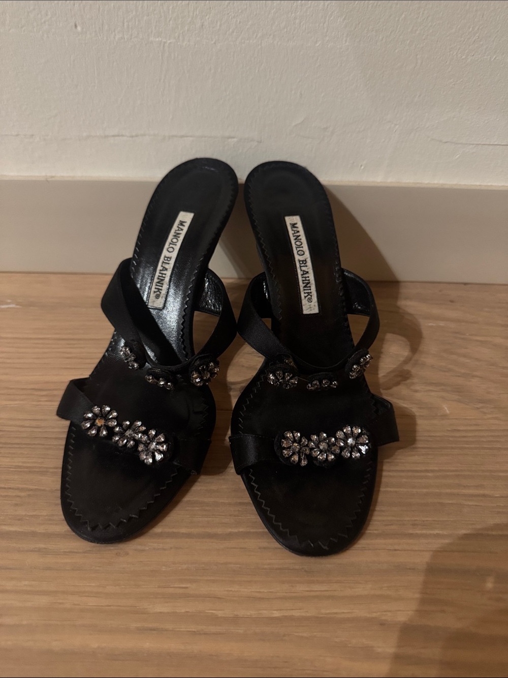 Manolo Blahnik Black Crystal-Embellished Slide Heels